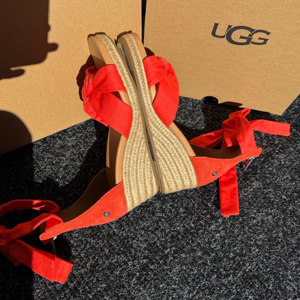 UGG Yarrow Espadrille Wedge Sandal Coral Suede Ankle Tie - Picture 10 of 14